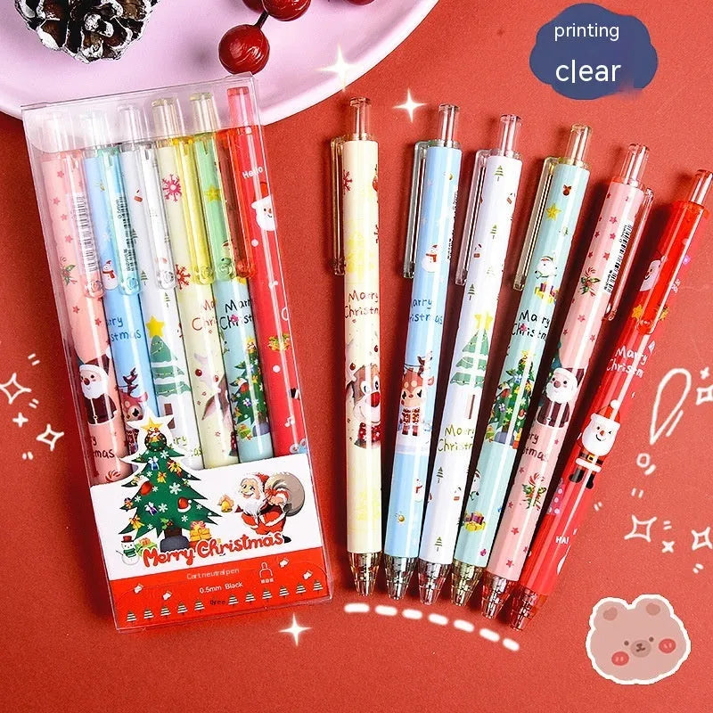 Set of six black ink cartoon design pens packaged as a Christmas reward gift.