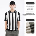 Man wearing a black and white striped short sleeve viscose sweater with a zip detail.