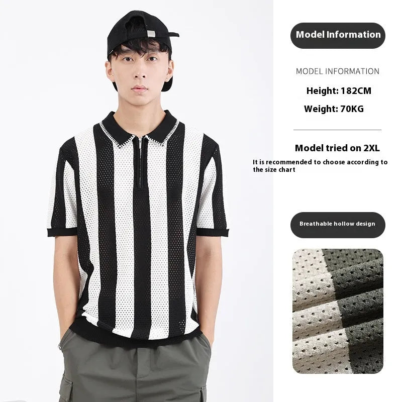 Man wearing a black and white striped short sleeve viscose sweater with a zip detail.