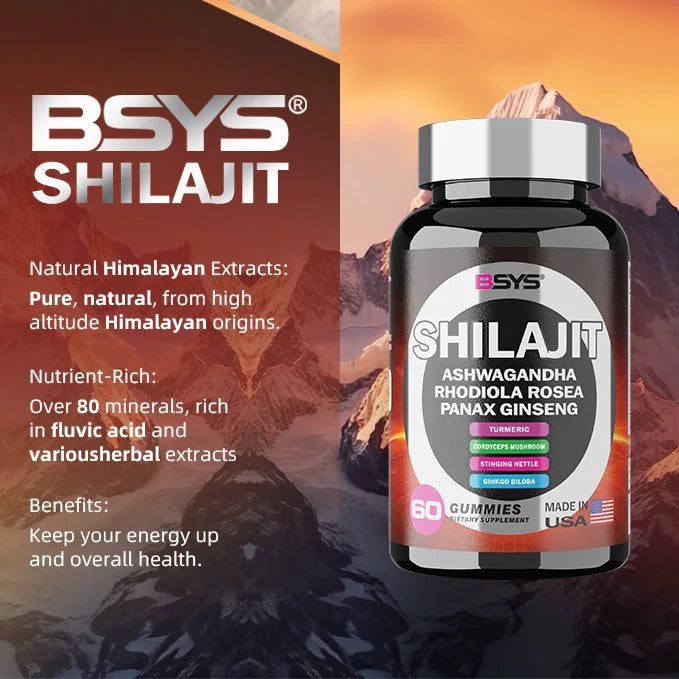 BSYS 8-in-1 Shilajit Gummies 60's bottle with natural energy boost supplement