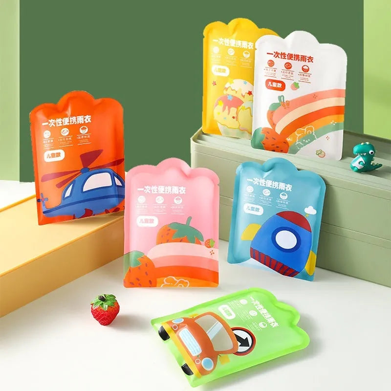 Disposable children's card raincoat showing compact 13x9cm size and long poncho design in multiple colour options