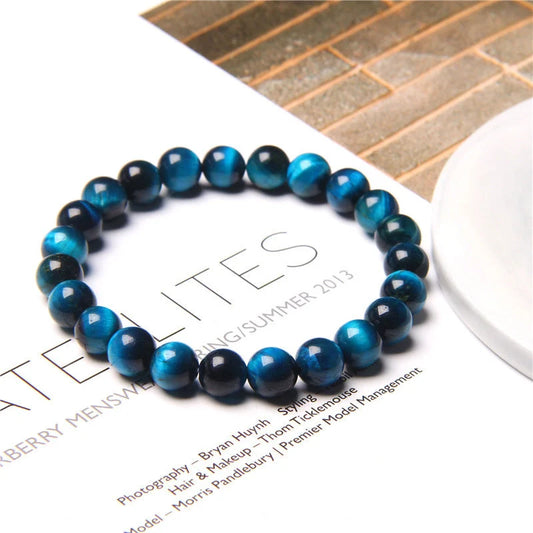 Handmade blue tiger stone couple bracelet with gold-plated accents, 8mm beads, 19cm length