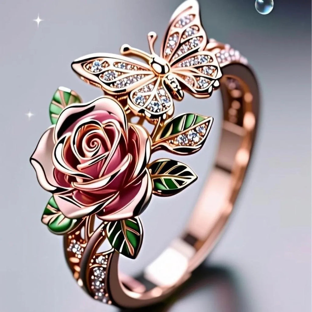 Adjustable alloy fairy style ring with butterfly design and colourful oil drip finish