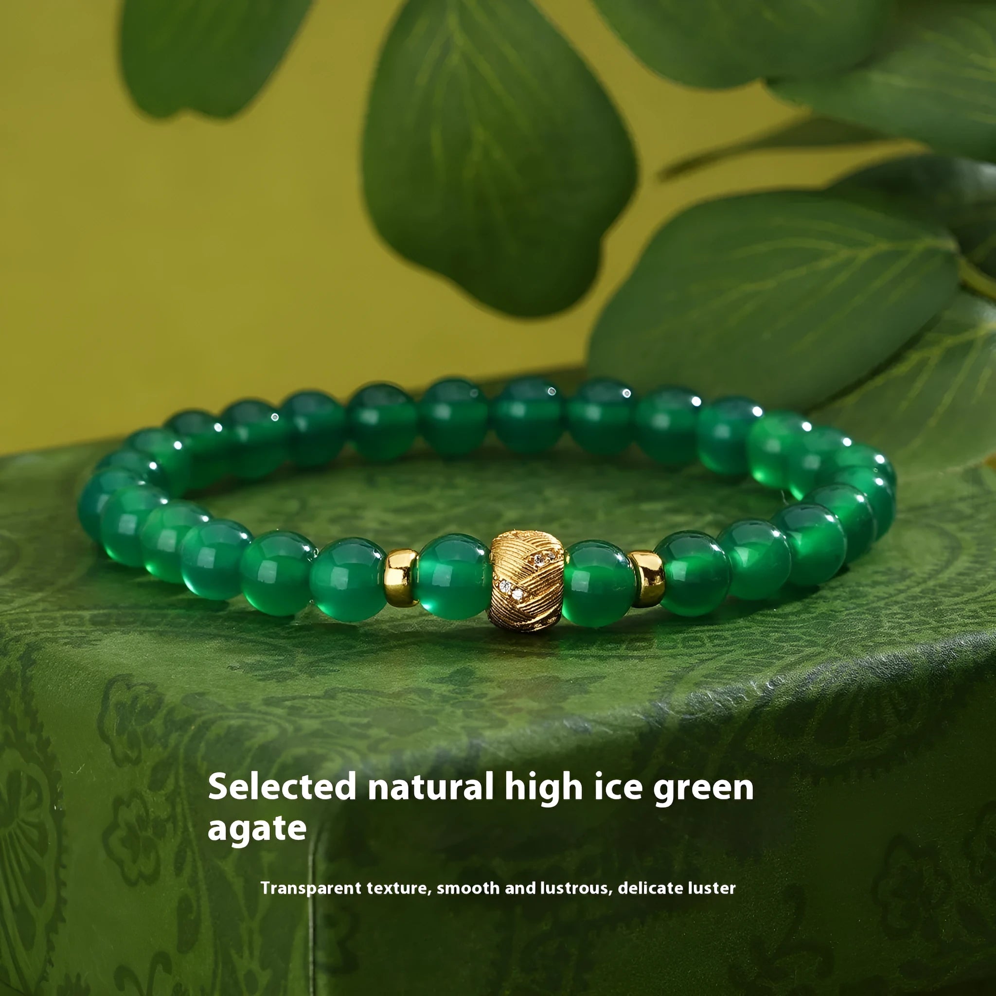 Women's green agate bracelet with geometric beads on S925 sterling silver