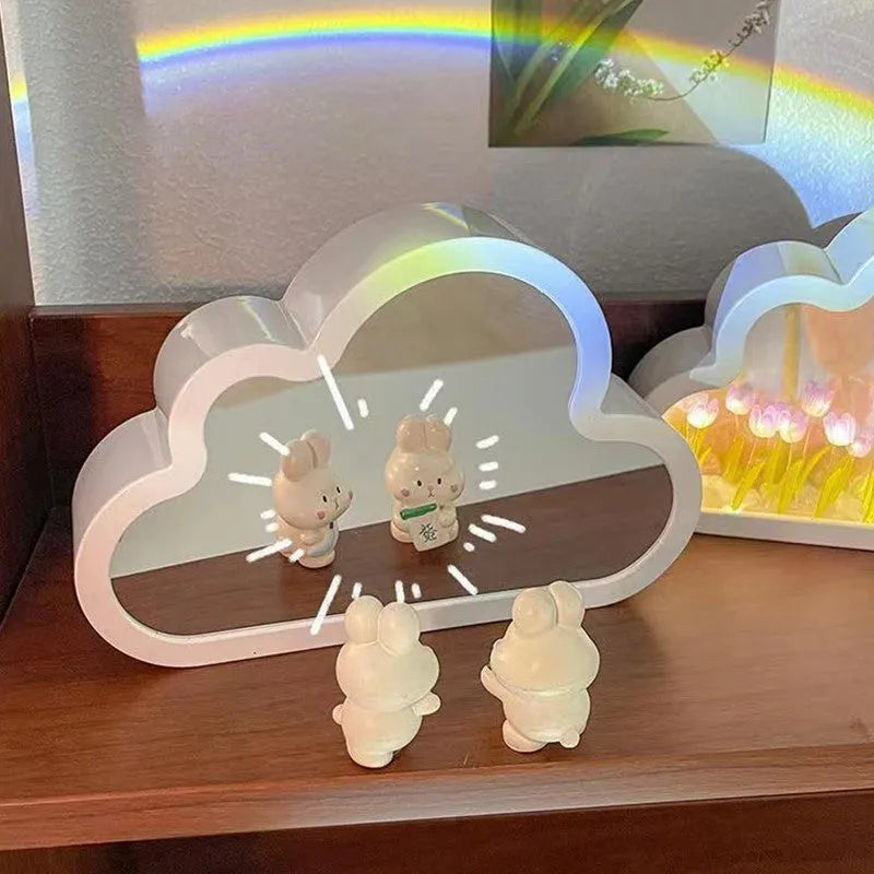 DIY tulip-shaped night lamp with mirror and photo frame in blue colour on wooden desk