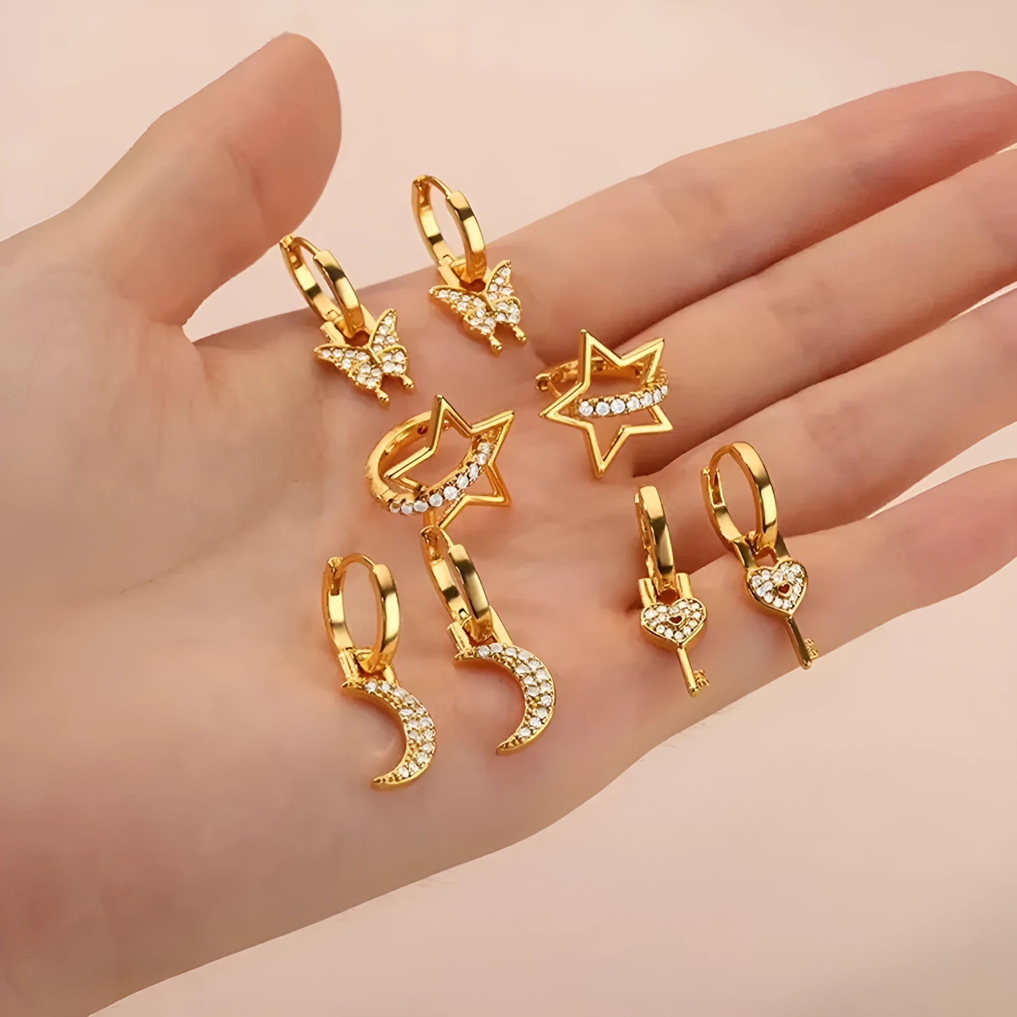 Women's geometric butterfly copper earrings with heart and star elements in multiple colour options