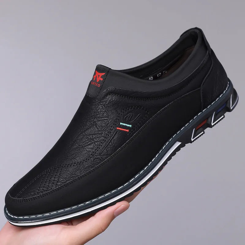 Men's casual leather shoes with stitching detail, leather toe cap, and rubber sole in multiple colour options