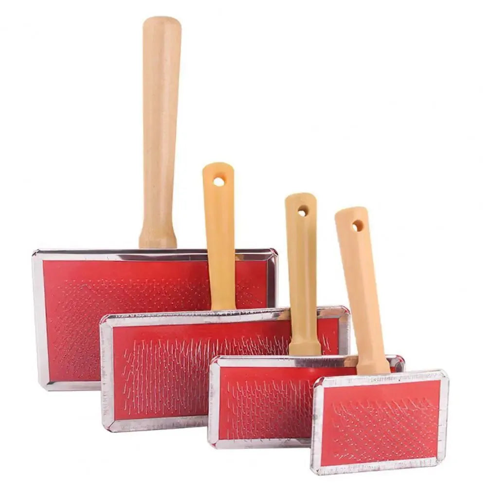 Stainless steel pet grooming comb with wooden handle on a white background for detangling dog and cat fur