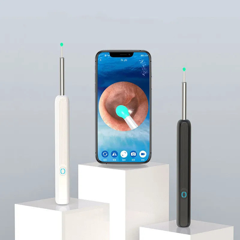 Natfire NE3 wireless otoscope ear cleaner with camera, charging cable, and spoon heads on a white background.