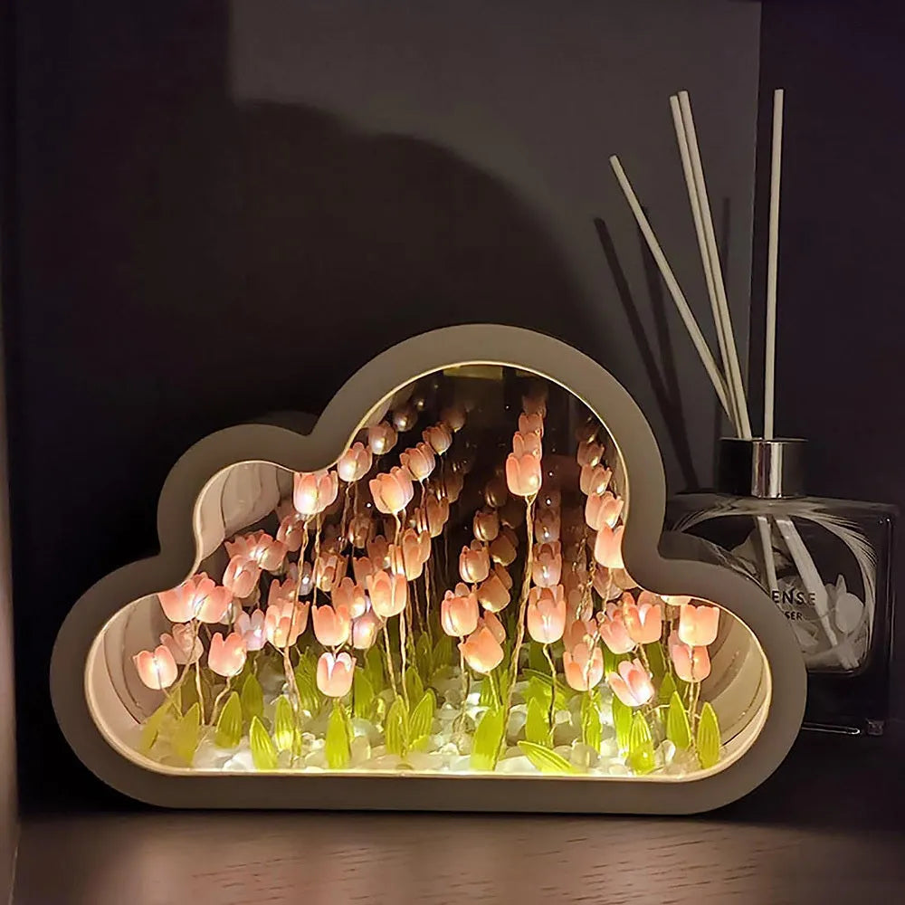 DIY tulip-shaped night lamp with mirror and photo frame in blue colour on wooden desk