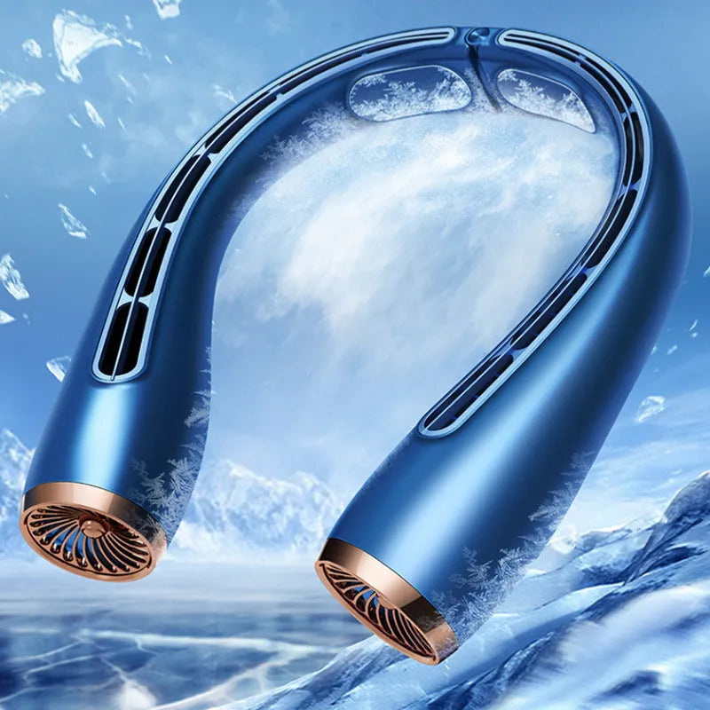 Portable bladeless neck fan with refrigeration cooling sheets, 190g, blue 4000mAh option, front view