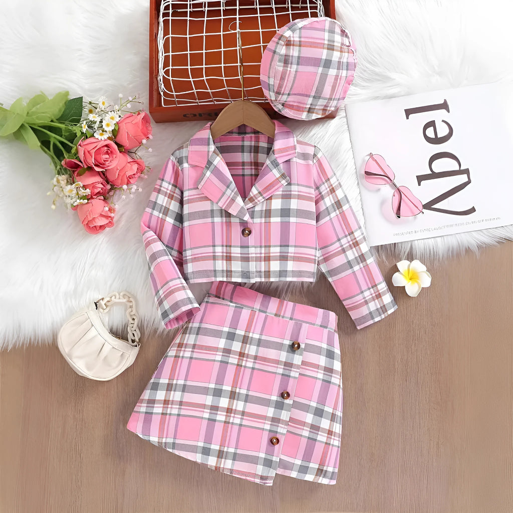 Girls plaid short skirt two-piece suit with long sleeve jacket, pink colour option, on child model