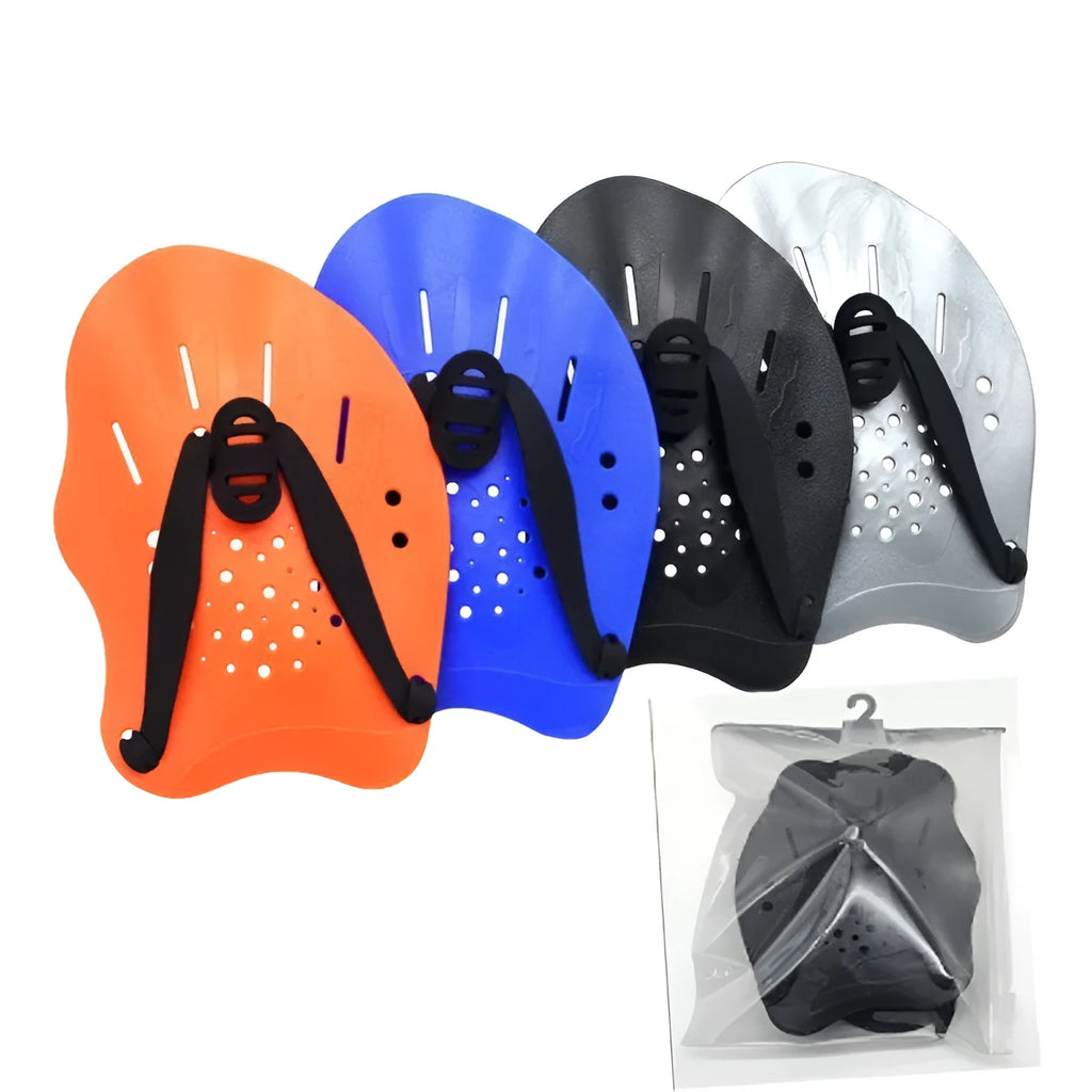 A pair of webbed swimming training hand paddles for freestyle stroke, shown in various colours.