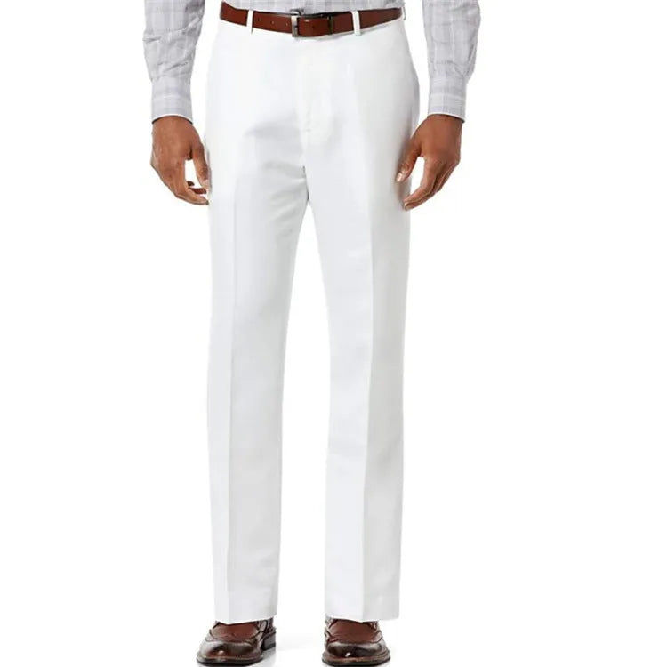 Men's beige white linen blend casual trousers with slanted front pockets on a solid colour background.