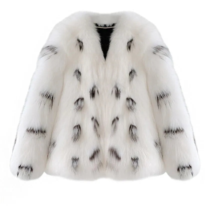 Black and white women's plus size short faux fur coat with a slim fit.