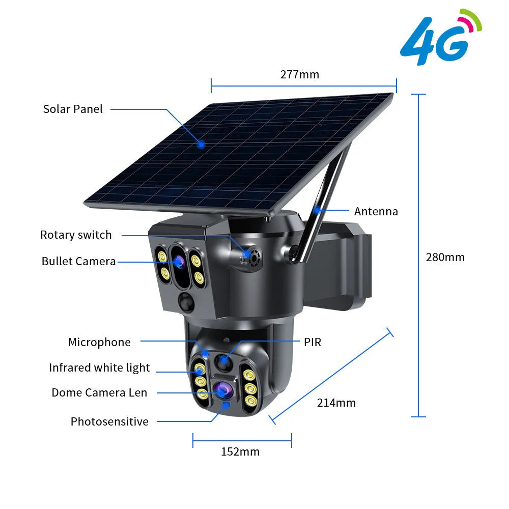 Solar-powered dual-lens outdoor security camera with wall mount bracket and ABS plastic housing