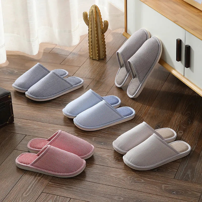 Household stripes non-slip cotton slippers with PVC sole, wine red colour, round toe, half-covered heel
