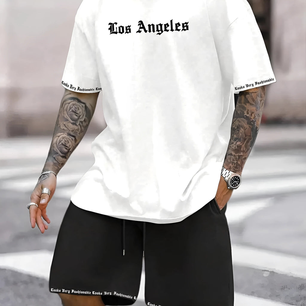 Men's sports style short-sleeved suit set with matching shorts in polyester blend fabric