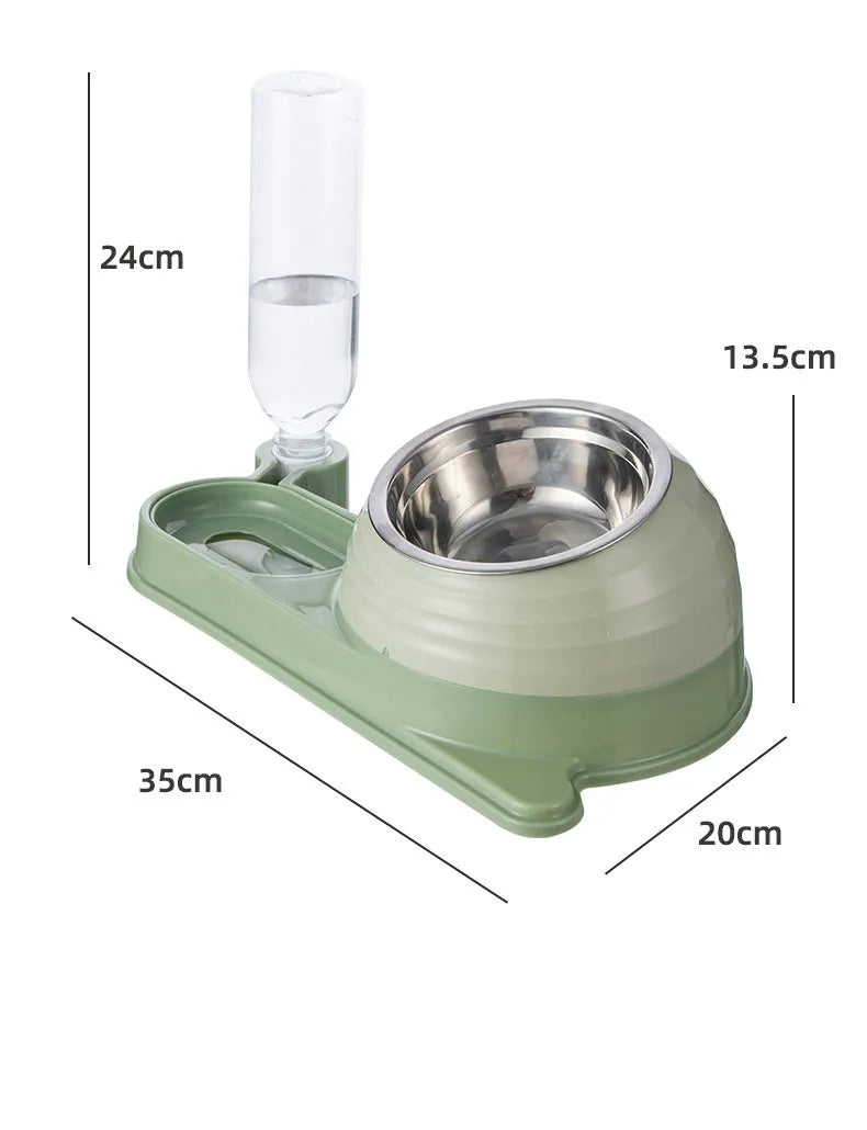 Elevated cat food bowl with attached water dispenser bottle in green colour