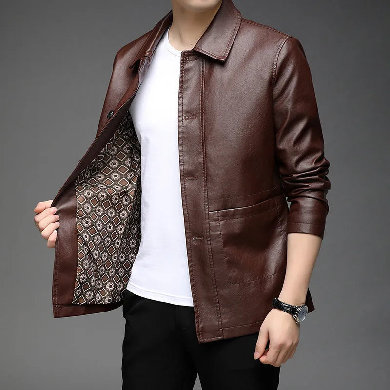 Autumn Korean-style leather jacket in black polyester, front view, sizes M to 4XL