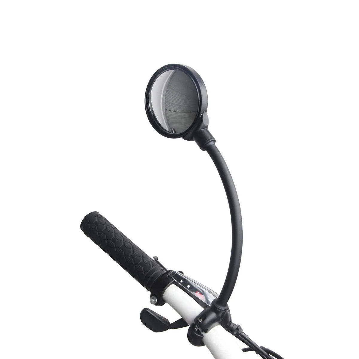 Black metal bicycle rearview mirror with hose adjustment system for handlebar or helmet mounting