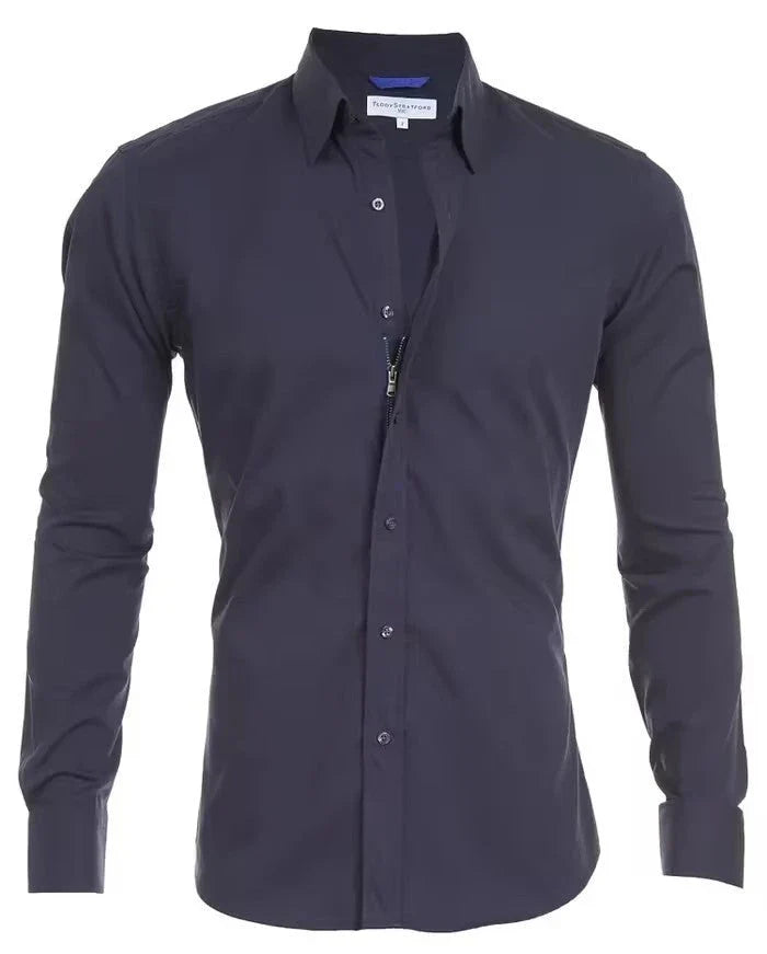 A stylish long sleeve zipper shirt with a button-accented lapel design, made of breathable cotton fabric for men.