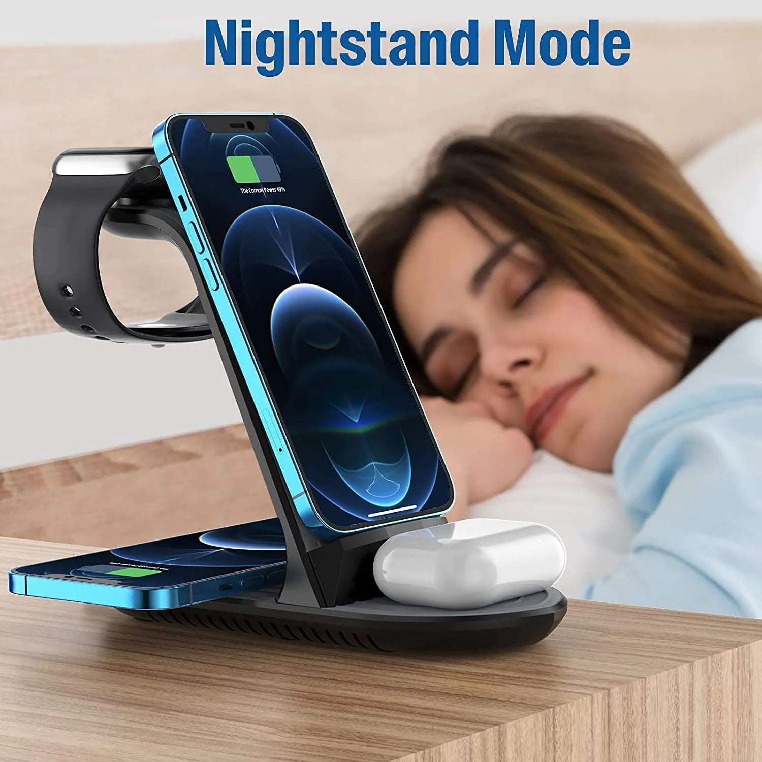 Black four-in-one wireless charger station for iPhone iWatch headset with 20W fast charging and USB cable adapter