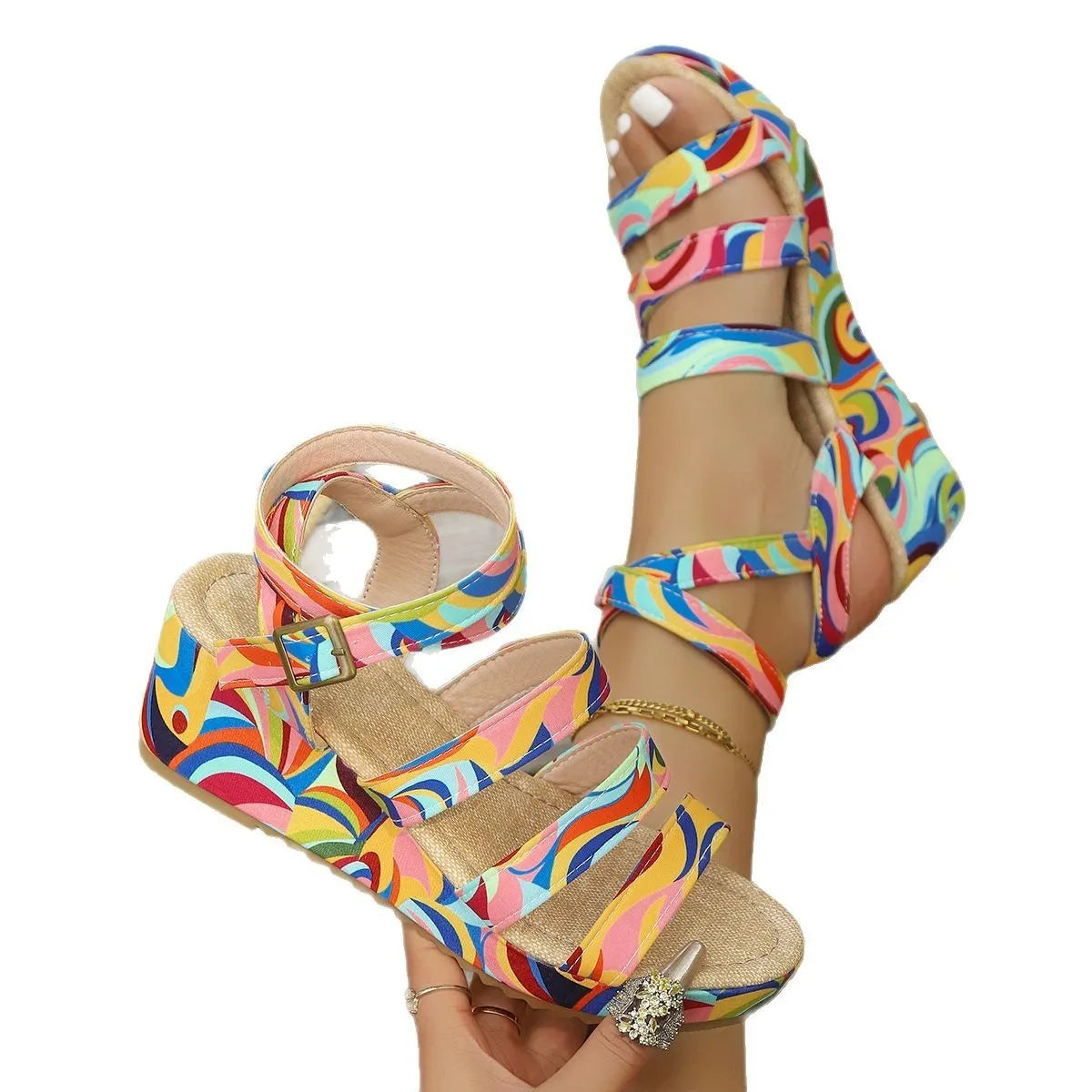 Women's buckle strap wedge sandals with fish mouth toe design in European style