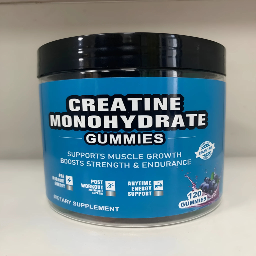 Bottle of raspberry flavoured creatine monohydrate gummy supplements containing 120 tablets