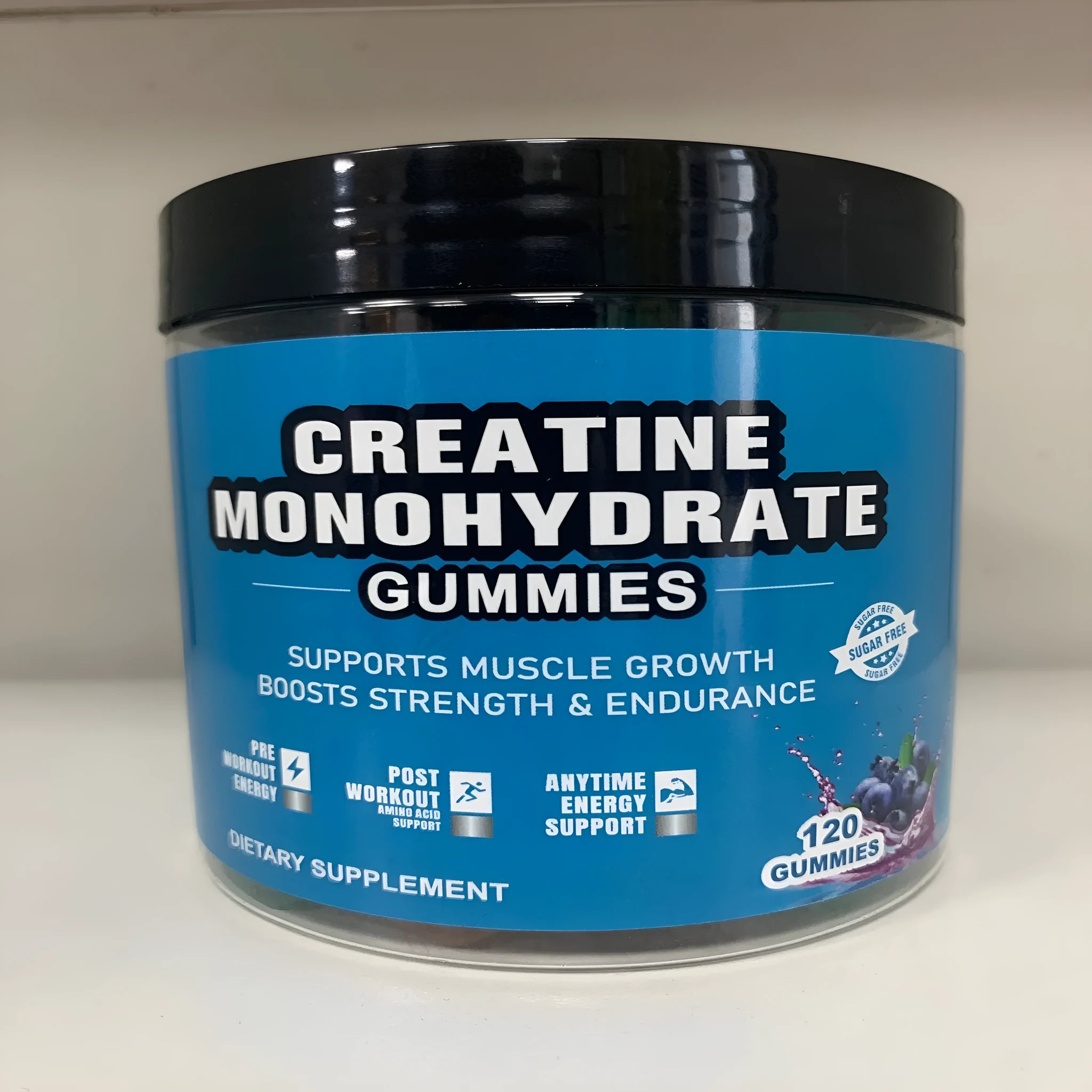 Bottle of raspberry flavoured creatine monohydrate gummy supplements containing 120 tablets