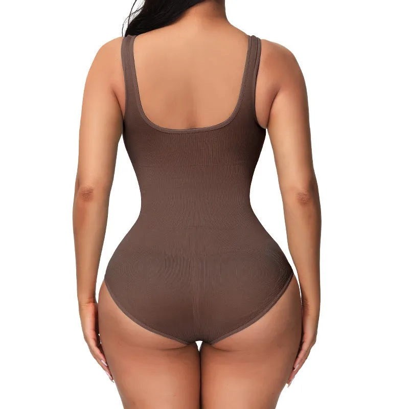 Seamless nylon corset bodysuit for women in apricot colour, showing one-piece shapewear design.