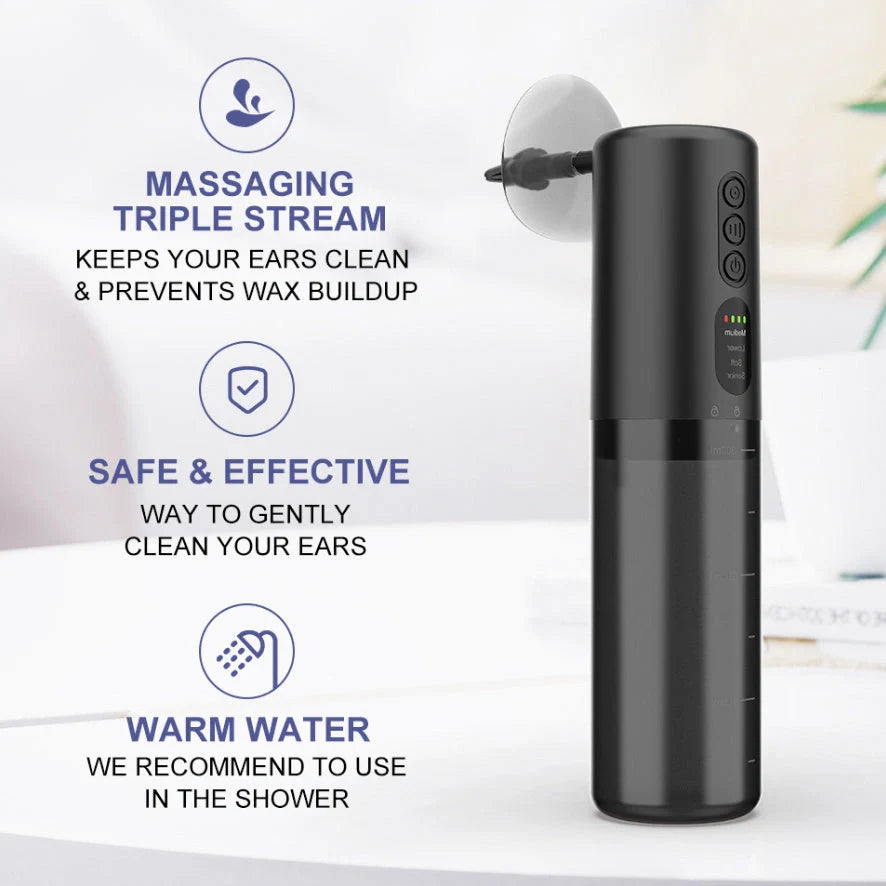 Black silicone ear washer with three nozzles and USB cable on white background