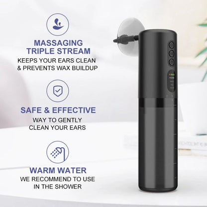 Black silicone ear washer with three nozzles and USB cable on white background