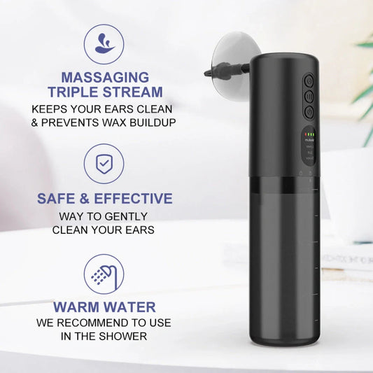 Black silicone ear washer with three nozzles and USB cable on white background