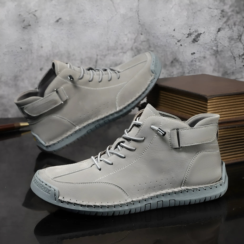 Handmade stitching Martin boots spring high top microfiber upper rubber sole flat heel round toe in black gray khaki with pattern