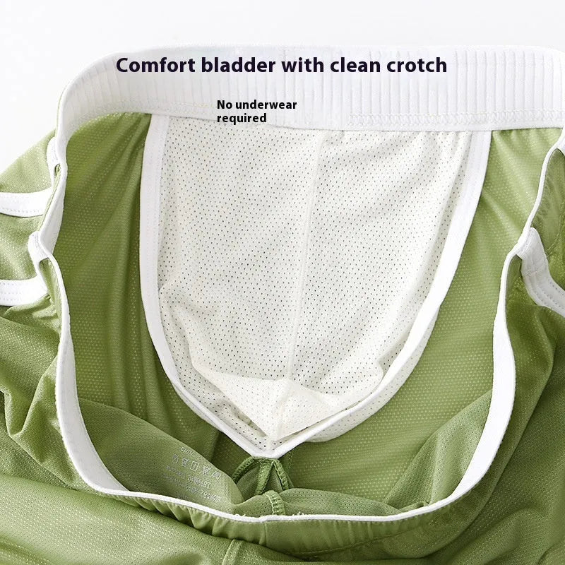 Men's ice silk mesh sports boxer briefs in black, shown laid flat to detail low waist and thin fabric.