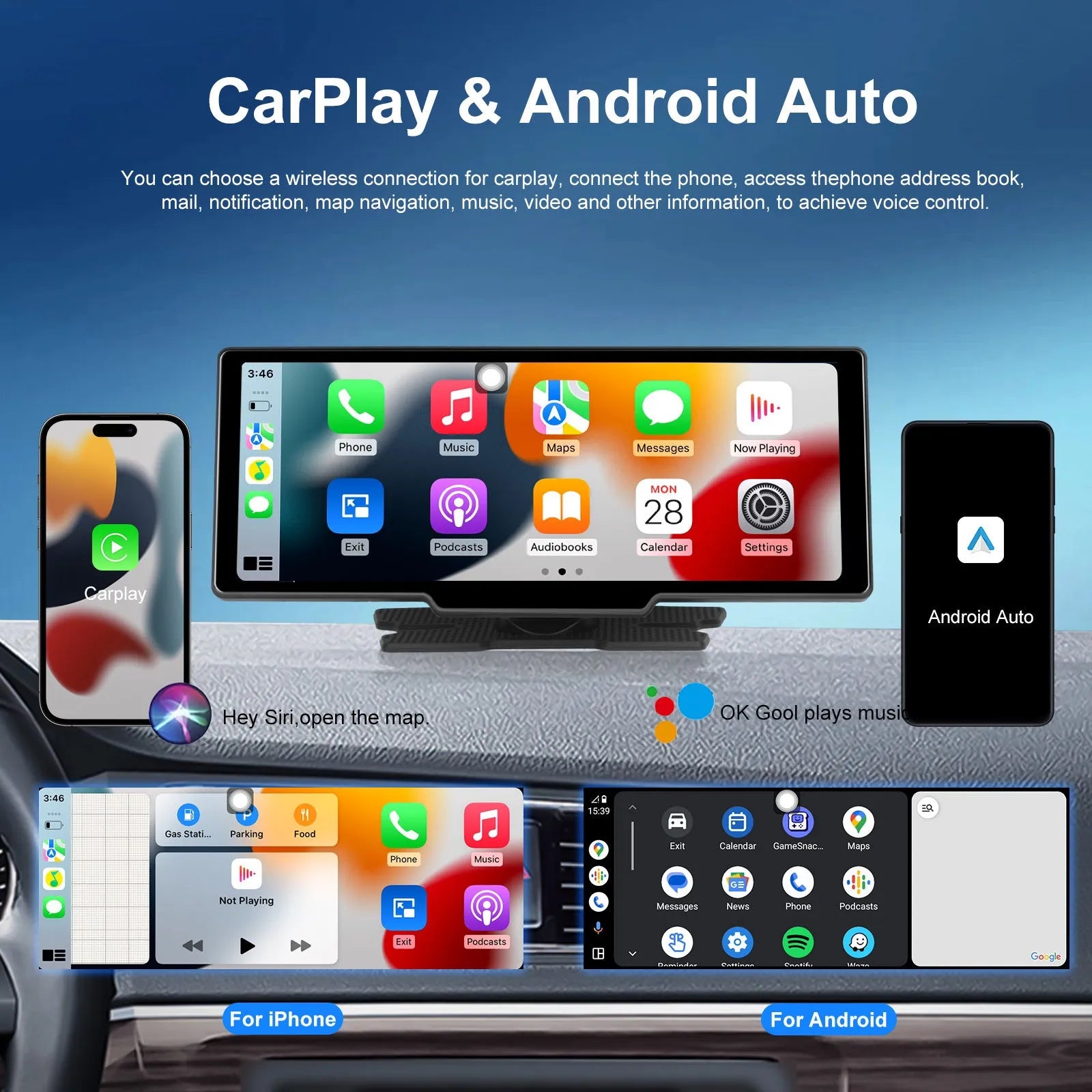 10.26-inch car DVR dash camera system with display, rear view camera, and mounting bracket