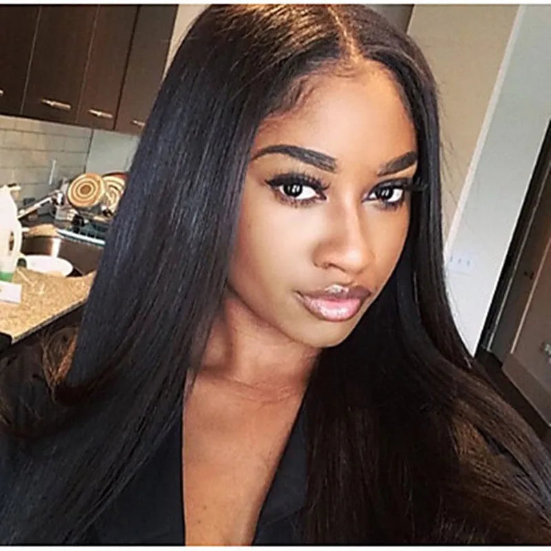Long straight synthetic wig with centre-parted bangs in black high-temperature fibre material for women
