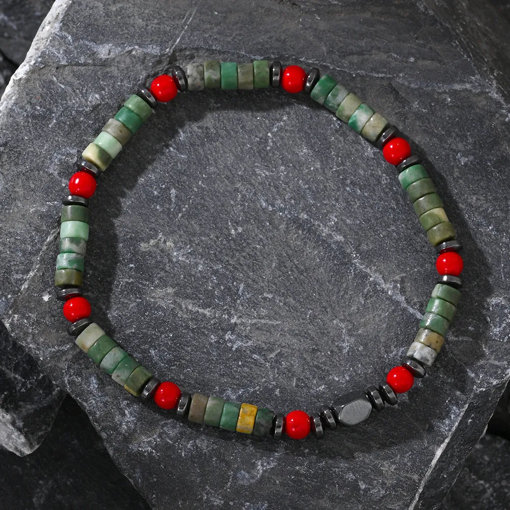 Men's Bohemian cylindrical natural stone beads string bracelet hand-woven construction