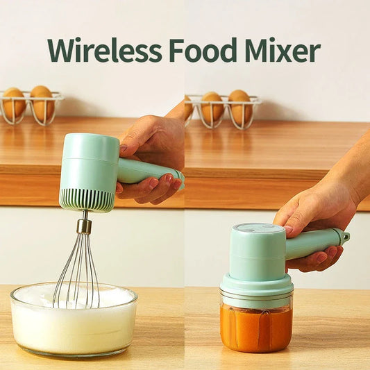 Cordless electric hand mixer with whisk and egg beater attachments, available in various colors