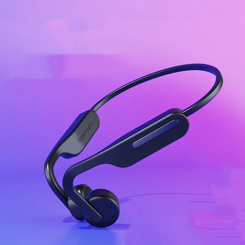 Black waterproof wireless in-ear headphones with head-mounted design, Bluetooth 5.0, and battery display