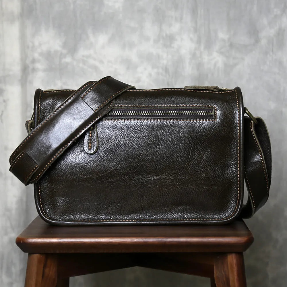 Men's genuine leather crossbody shoulder bag handmade top grain leather solid colour patchwork olive green casual travel