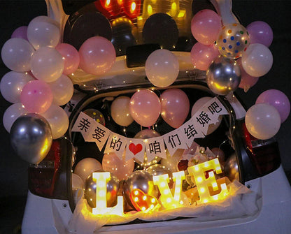 Romantic car trunk proposal decoration set with balloons, flags, and accessories for girlfriend's birthday celebration