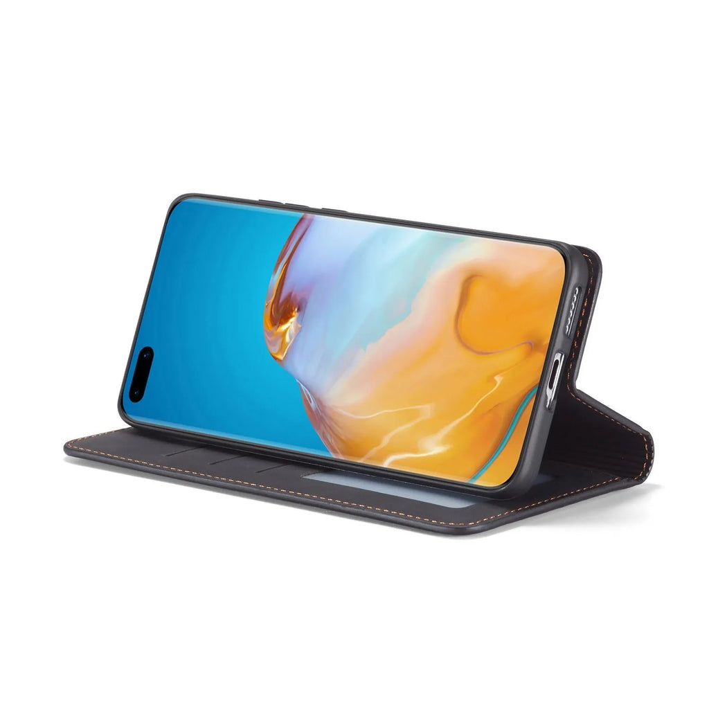 Flip-style card-inserting mobile phone case in black for Huawei P40Pro with card slots visible
