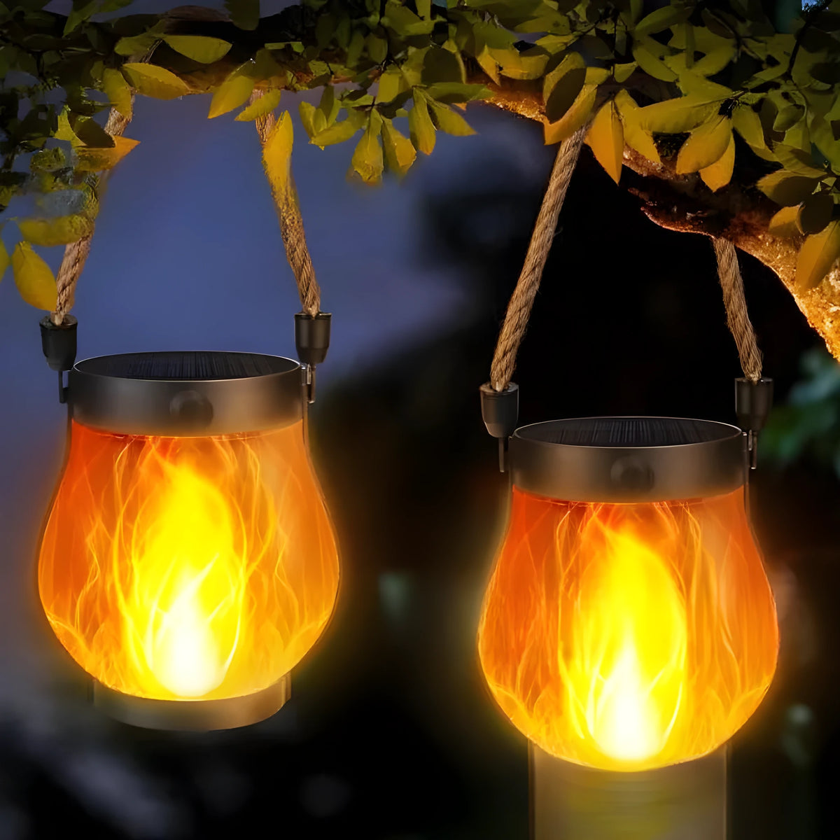 Flickering flame garden lamp with translucent shade in outdoor garden setting