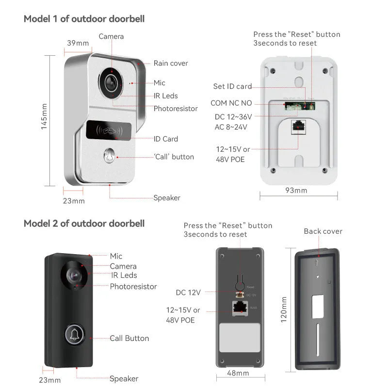 10-inch video intercom doorbell system with outdoor camera unit and installation kit