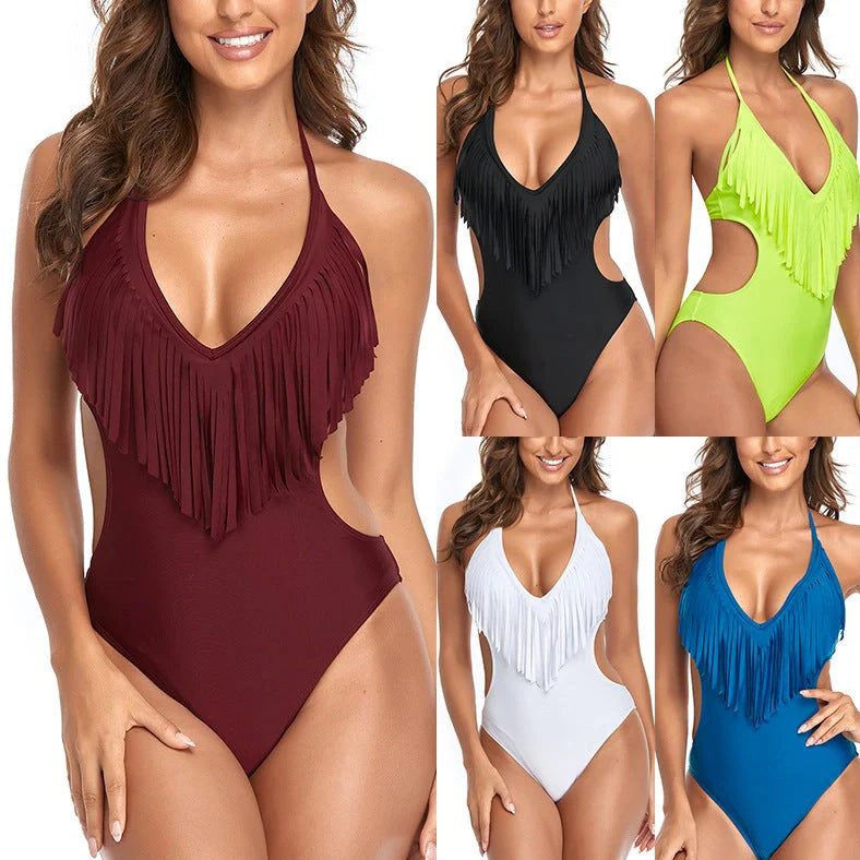 Women's triangle tassel swimsuit in black with backless design and high elasticity polyester fabric