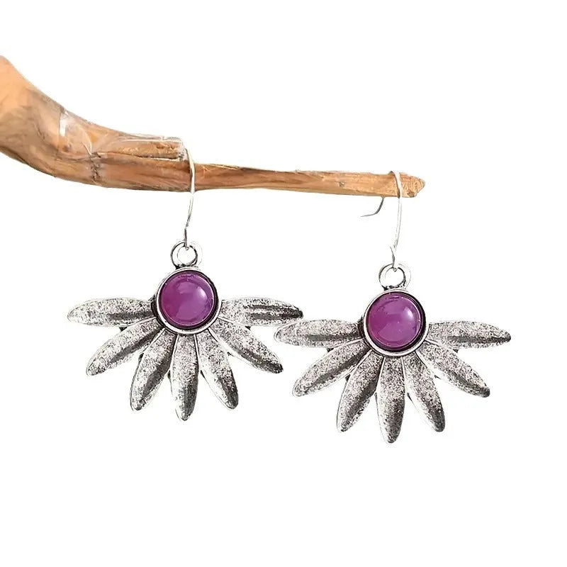 Purple resin zodiac animal earrings with Bohemian retro design on alloy findings