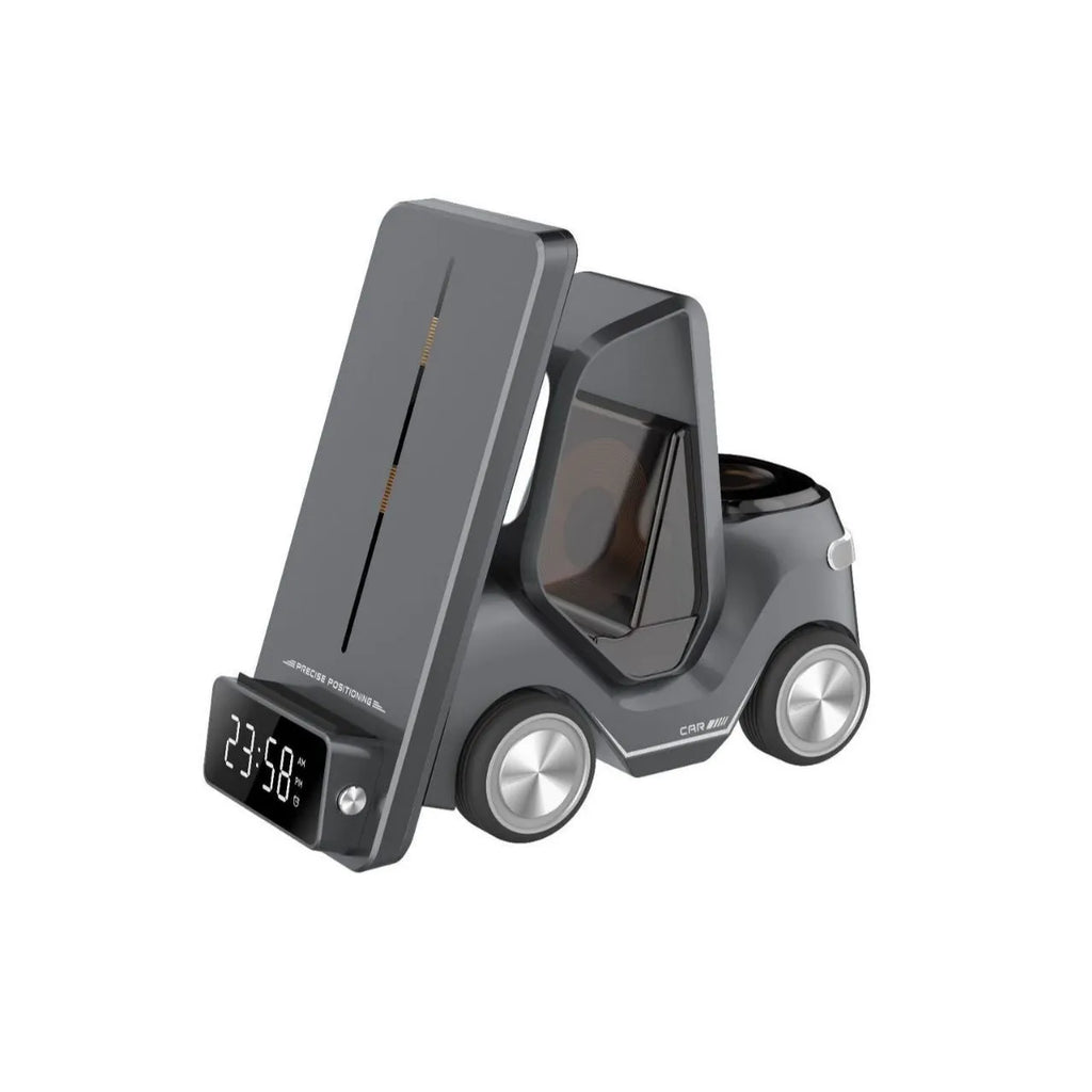 15W three-in-one wireless charging stand in grey, holding a phone, earbuds, and a smartwatch.