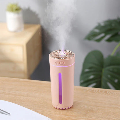 Portable ultrasonic humidifier with colorful lights, USB charging, and compact design for use in car or home